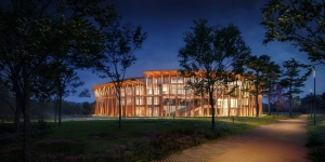 Sede da Ceva iluminada à noite em Libourne, França